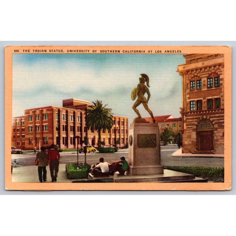 USC The Trojan Statue Los Angeles California Vintage Linen Postcard Longshaw 606